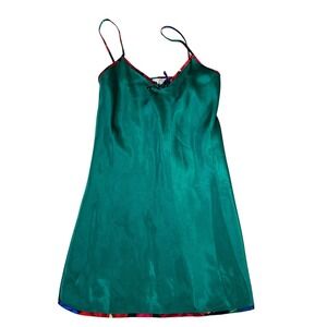 Vintage Sedu Emerald Green Satin Chemise Nightgown Floral Trim Medium